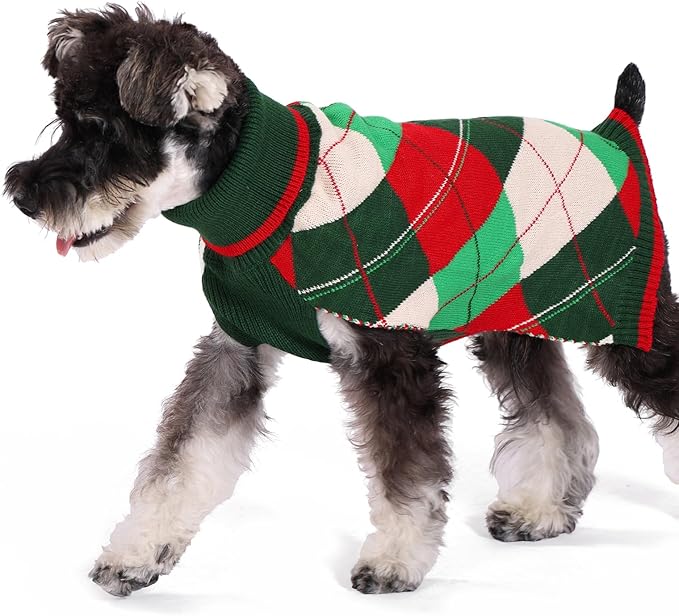 KOOLTAIL Dog Christmas Sweater Pet Knitted Clothes - Classic Plaid Pull Over Turtleneck Dog Sweaters with Leash Hole Warm Dogs Winter Clothing for Small Medium Dogs Cats Puppy Boy Girl Red & Green S