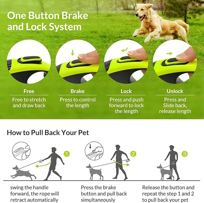 Retractable Dog Leash, No Tangles, 16ft Heavy Duty Pet Walking Leash with Anti-Slip Handle for Small Dog or Cat, Strong Reflective Nylon Tape, One-Handed Brake, Pause, Lock (Green,Small)
