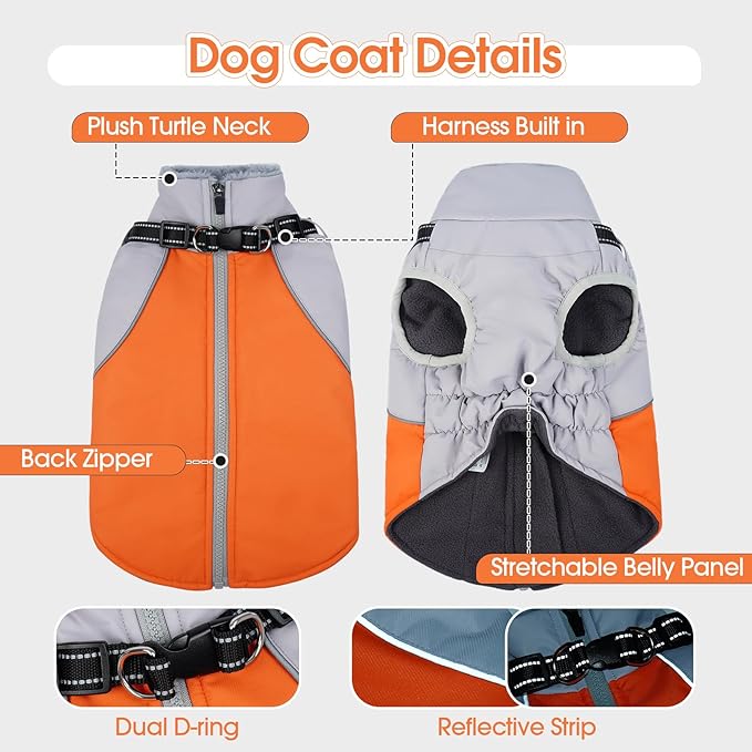 DENTRUN Dog Coat with Harness Built in, Windproof Water-Repellent Winter Dog Jacket with Reflective Strips & Fleece Lined, Plush Turtle Neck for Small Dogs, Orange, XS