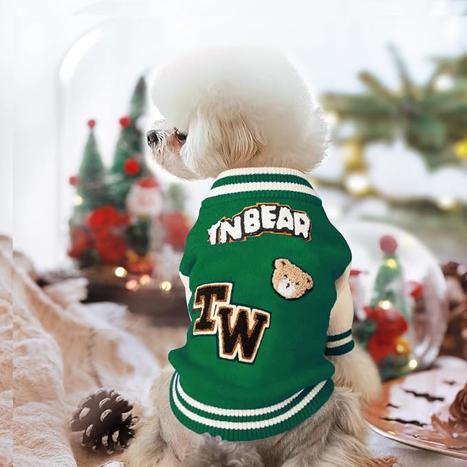 Small Dog Sweater Sweatshirt Cute Puppy Sweaters - Winter Green Warm Knitted Bear Design for Puppies (L)