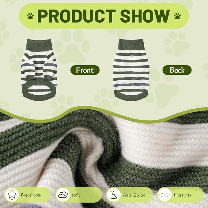 Small Dog Sweater, Knitted Striped Pullover Dog Clothes for Cold Weather, Thick Warm Cozy Stretchy Sweater for Chihuahua, Bulldog, Dachshund, Pug(Green & White Strip, M)