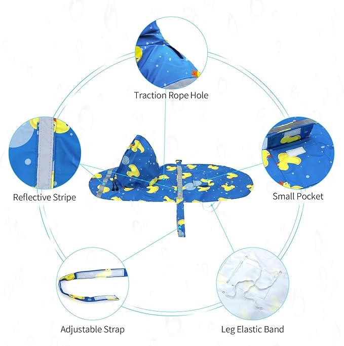 NACOCO Large Dog Raincoat Adjustable-Pet Rubber Ducks Yellow Water Proof Clothes Lightweight Rain Jacket Poncho Hoodies with Strip Reflective Blue (Blue L, Yellow Duck)