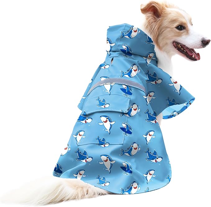 NACOCO Large Dog Raincoat Adjustable - Pet Shark Water Proof Clothes Lightweight Rain Jacket Poncho Hoodies with Strip Reflective Blue (L, Blue Shark)