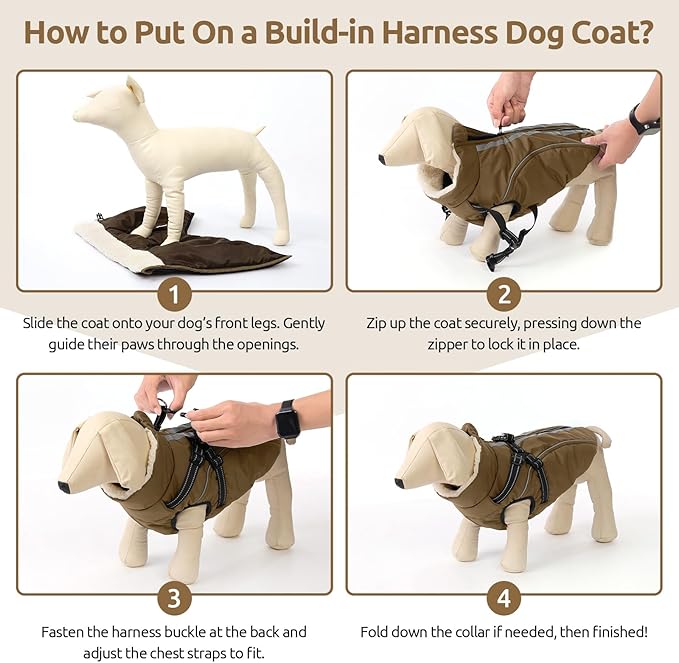 Dog Winter Coat with Harness Built in Warm Puffer Dog Jackets for Small Medium Large Dogs Windproof Waterproof Outfit with Plush Lining and Reflective Stripes (Brown, XS)