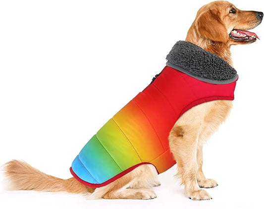 Dog Winter Coat, Waterproof Dog Jacket with Leash Hole, Reflective Adjustable Pet Snow Vest, Warm Fleece Sweater for Small Medium Large Dogs - Rainbow, XL