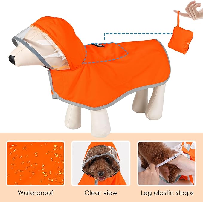 SlowTon Dog Raincoat, Adjustable Dog Rain Jacket Clear Hooded Double Layer, Waterproof Poncho with Reflective Strip Straps and Storage Pocket for Small Medium Large Dogs Puppies(OR XS)