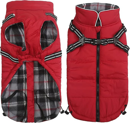 Geyecete Winter Warm Coat Waterproof Dog Jacket with Harness Traction Belt, Pet Outdoor Jacket - Red - XXL