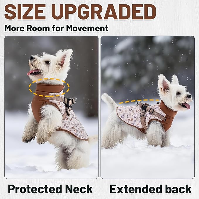 Dog Winter Coat for Small & Medium Dogs (Up to 32lb), Waterproof Dog Coat with Harness, Puppies Windproof Puppy Puffer Jacket, Snowsuit for Dachshund,Frenchie, Corgi (Paw Brown, Small)