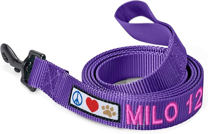 Pawtitas Personalized Dog Leash Embroidered Customize with Your Pet Name & Phone Number Puppy 6 ft Long Medium Large Purple Custom Engraved, Customized M/L (Pack of 1)