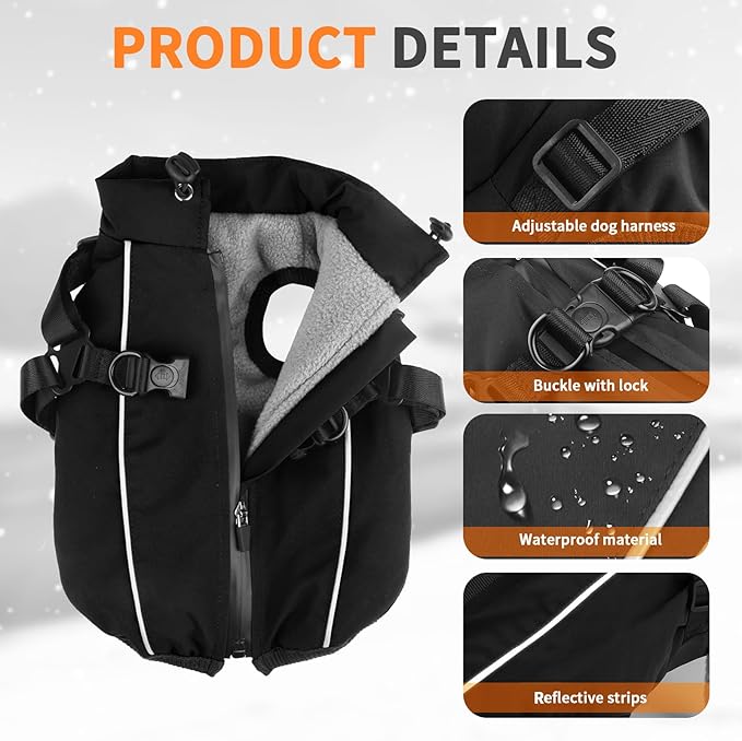 Dog Winter Coat Reflective Water-Resistant Jacket, Fleece Lined Windproof Puppy Coat with Back Zipper & D-Ring, Cold Weather Dog Coats for Small Medium Large Dogs (XXL, Black)