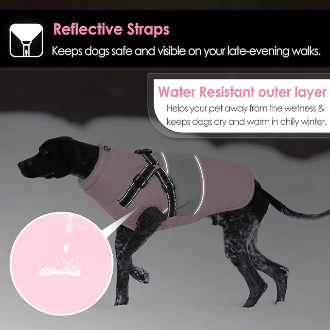 AOFITEE Dog Winter Coat, Dog Coat with Harness Built in, Dogs Jacket for Large Dogs, Reflective Waterproof Pet Puffer Jacket Snowsuit, Warm Fleece Windproof Pet Sweater for Cold Weather, XL