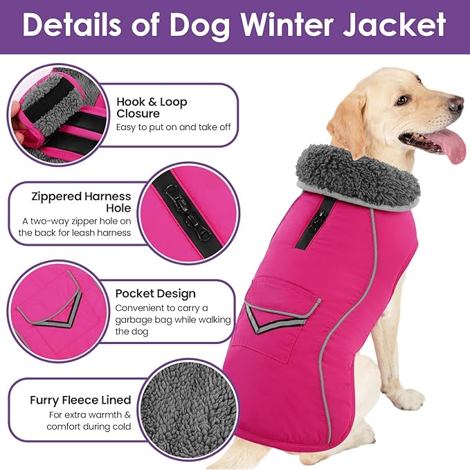 SUNFURA Dog Coat, Large Dog Jacket Reflective Winter Coat for Cold Weather, Windproof Pet Snow Jacket with Pocket, Warm Fleece Sweater Clothes for Large Dogs, Hot Pink L