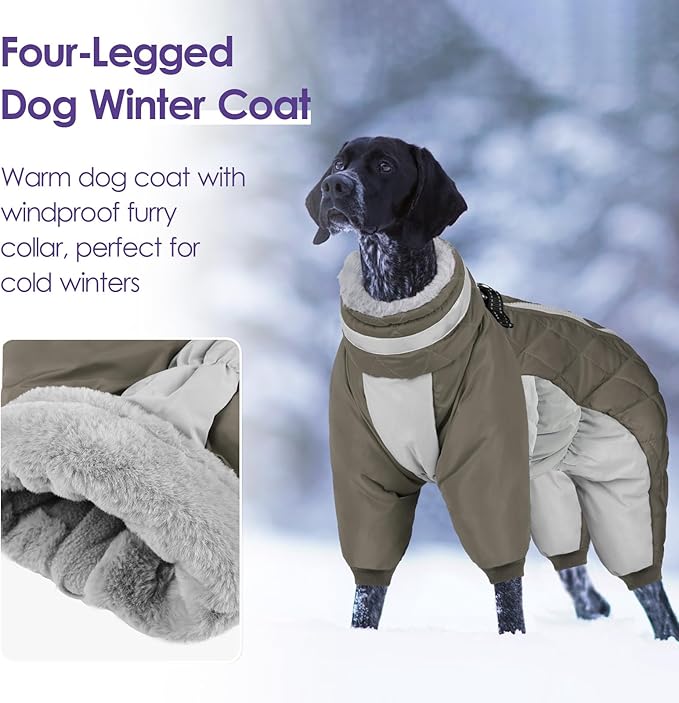 SUNFURA Full Body Dog Coat - Warm Fleece Jacket for Large Dogs, Turtleneck Winter Coats with Harness, Reflective Dog Snowsuit Windproof Puffer Jackets with Legs for Weimaraner, Army Green XL