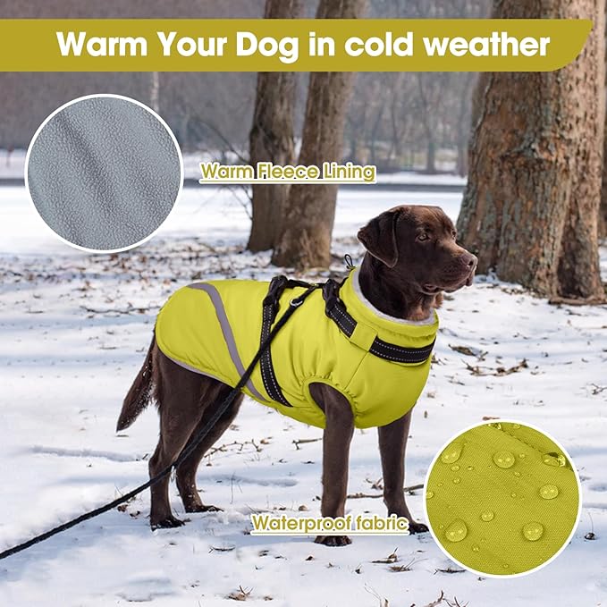 BRKURLEG Dog Winter Jackets for Large Dogs, Dog Coat with Harness Built in, Dogs Snowsuits with Zipper, Waterproof Windproof Pet Puffer Jacket Fleece Vest for Labrador, German Shepherd, Green XXXL