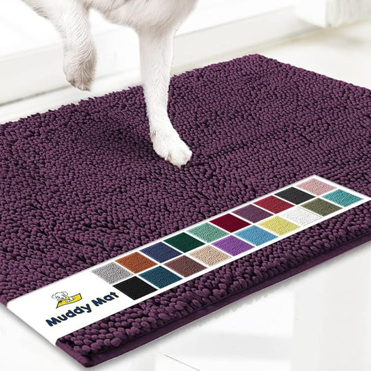 Muddy Mat® AS-SEEN-ON-TV Highly Absorbent Microfiber Door Mat and Pet Rug, Non Slip Thick Washable Area and Bath Mat Soft Chenille for Kitchen Bedroom Indoor and Outdoor - Dark Purple 24" x 120"