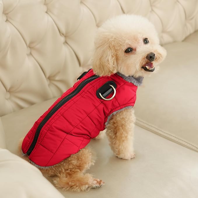 Warm Fleece Dog Coats with Durable Harness Buitl in D-Ring,Waterproof Doggie Jacket for Medium Dogs,Dog Vest for Cold Winter,Red XL