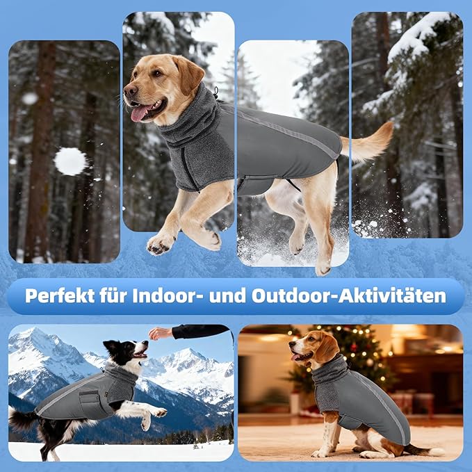 SlowTon Winter Dog Coat, Warm Polar Fleece Lining Doggie Outdoor Jacket with Turtleneck Scarf Reflective Stripe Adjustable Waterproof Windproof Puppy Vest Soft Pet Outfits (XXL,Grey)