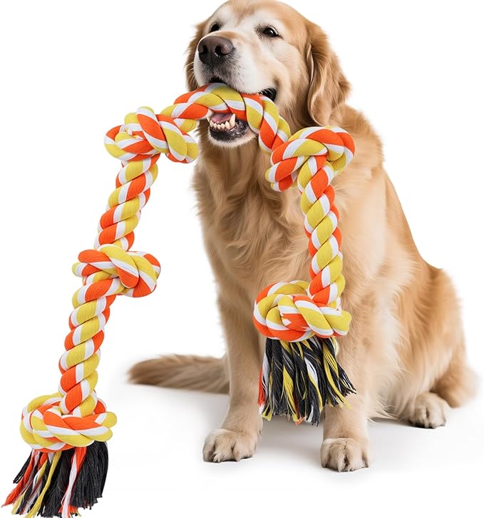 SZEE Dog Rope Toy for Large Dogs, 37 Inch 5 Knots, Halloween Dog Toys for Large Dog & Aggressive Chewers, Durable & Tough Tug of War Rope, for Teeth Cleaning & Boredom Relief (Yellow & Orange)