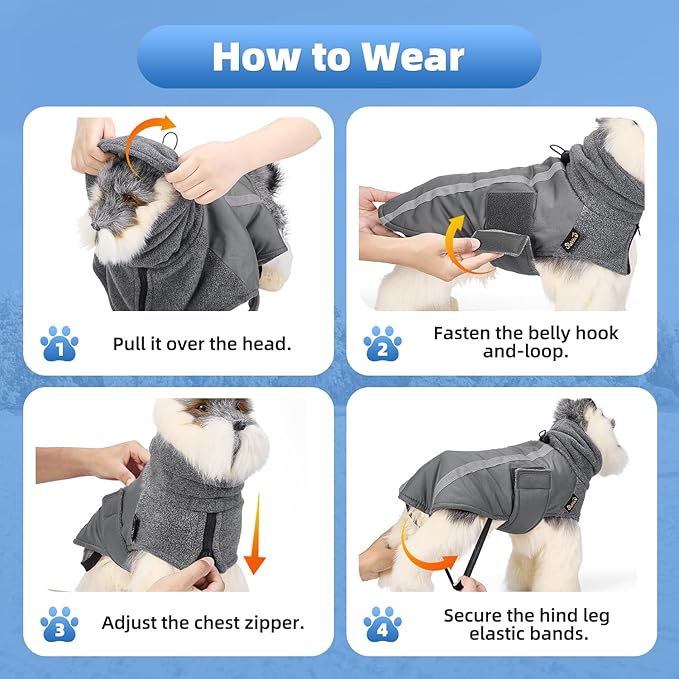 SlowTon Winter Dog Coat, Warm Polar Fleece Lining Doggie Outdoor Jacket with Turtleneck Scarf Reflective Stripe Adjustable Waterproof Windproof Puppy Vest Soft Pet Outfits (XL,Grey)