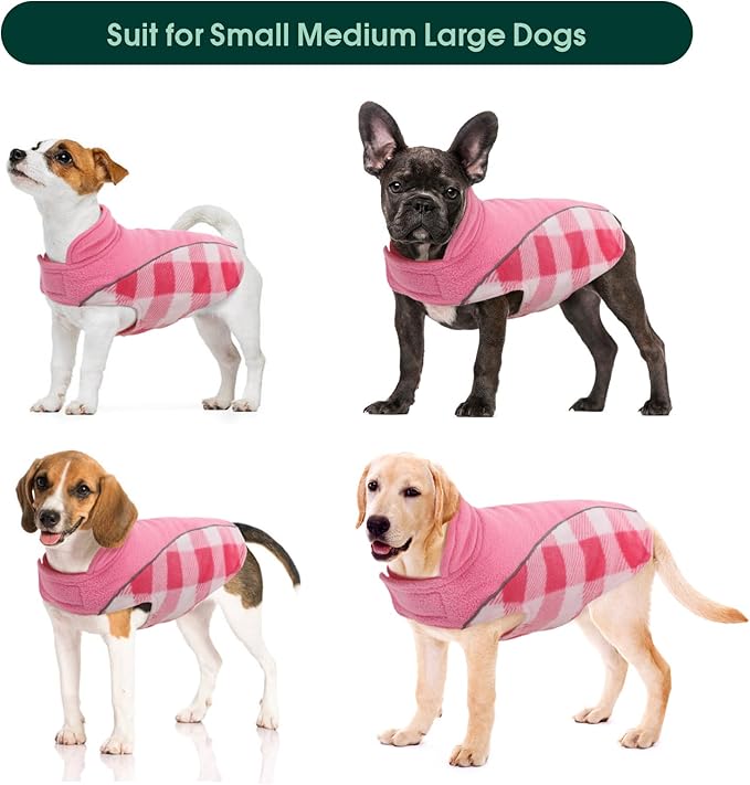 Kuoser Dog Winter Coat, Reversible Waterproof Dog Jacket with Reflective Strip, Warm Dogs Fleece Vest Adjustable Doggy Cold Weather Clothes Plaid Christmas Outfit Pet Apparel for Small Dogs, Pink XS