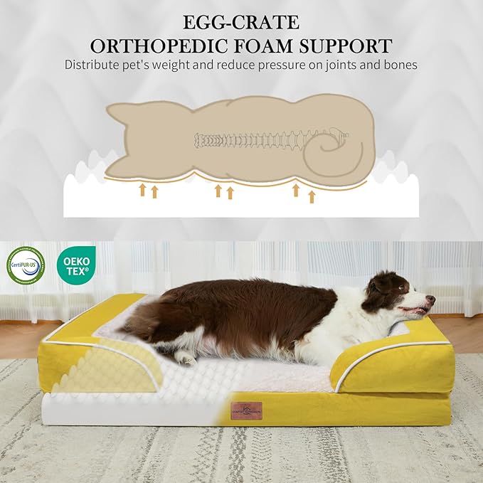 Comfort Expression Orthopedic Dog Bed for Medium Dogs 30x20 Inch, Waterproof Egg Crate Foam Medium Pet Bed with Removable Bolsters, Dog Couch with Washable Cover & Non-Slip Bottom, Spicy Mustard