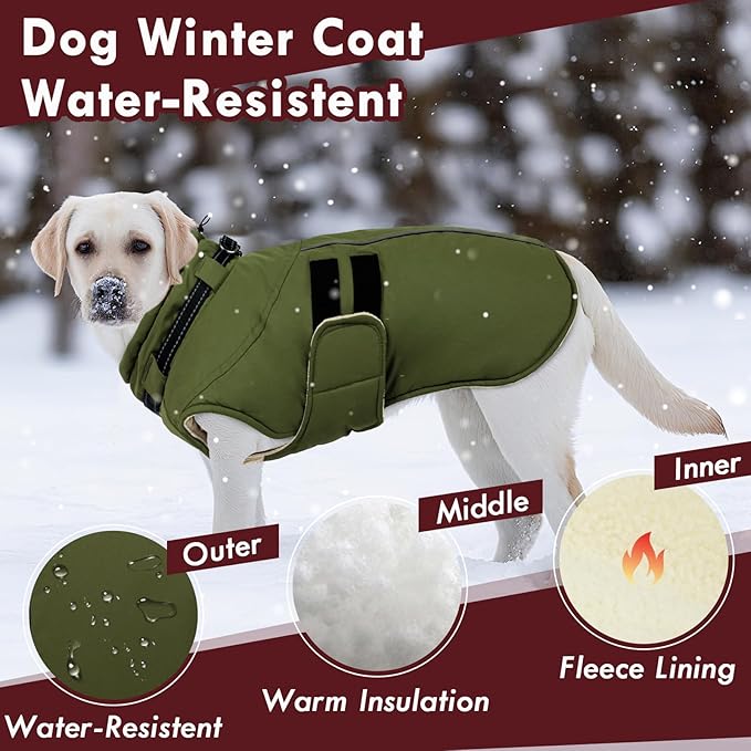 Dog Coat for Large Dogs Waterproof Winter Jacket with Harness Built-in Reflective Adjustable Hook&Loop Snowsuit for Dogs Bulldog Pitbull, XL Green