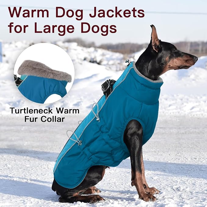 Dog Coat Winter Warm Dog Jackets for Large Dogs Reflective Snowsuit with Harness Fleece Dogs Snow Jacket Waterproof Pet Clothes for Cold Weather