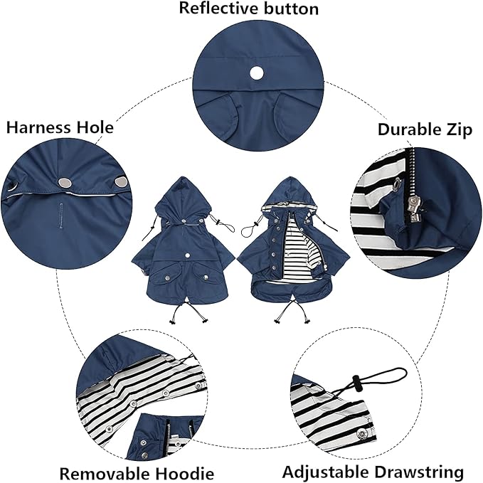 Morezi Dog Zip Up Raincoat with Reflective Buttons, Rain/Water Resistant, Adjustable Drawstring, Removable Hood, Raincoats with Legs 8lbs to 80lbs Available - Dark Blue - Medium