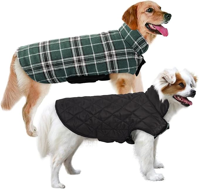 MIGOHI Reversible Dog Coat, Windproof, Waterproof Winter Jacket for Cold Weather, Plaid Dog Coats for Male Female, Green, L