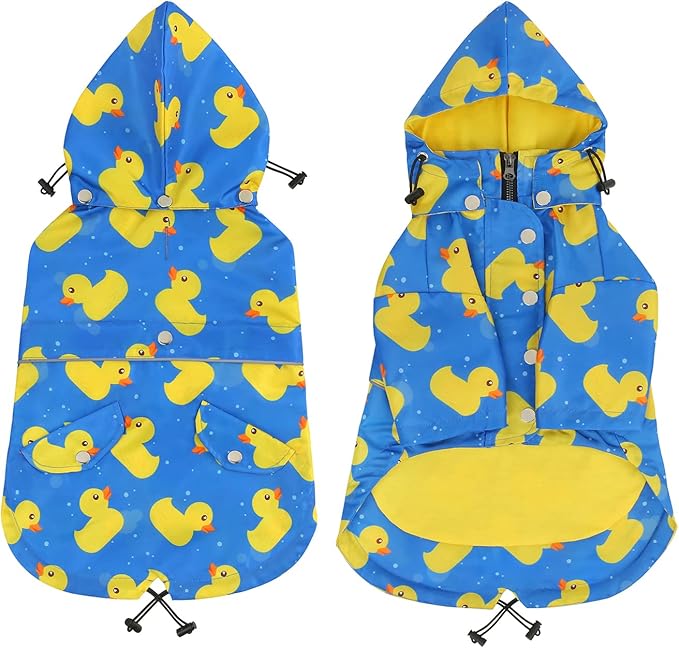 HDE Dog Raincoat Poncho Double Layer Zip Rain Jacket with Removable Hood, Leash Hole for Small to 3XL Dogs and Puppies Ducks Blue - L