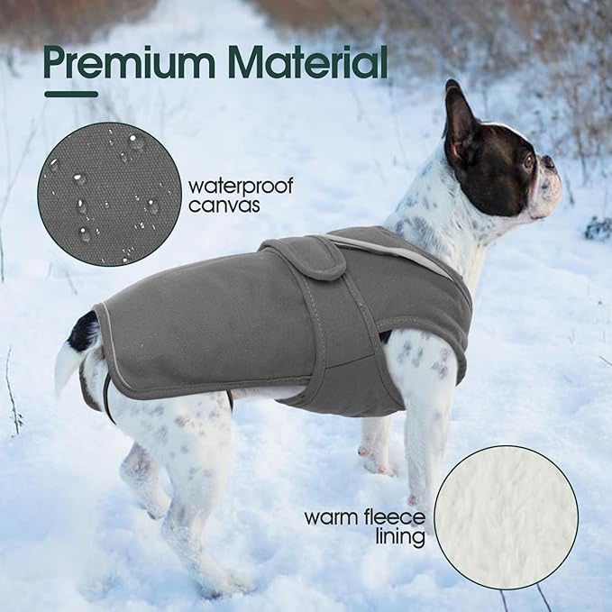 Kuoser Canvas Dog Coat, Warm Dog Jacket Reflective Fleece Pet Cold Weather Coat, Warm Doggie Clothes Waterproof Winter Vest with Zipper Leash Hole for Small Medium Large Dogs, Grey XL