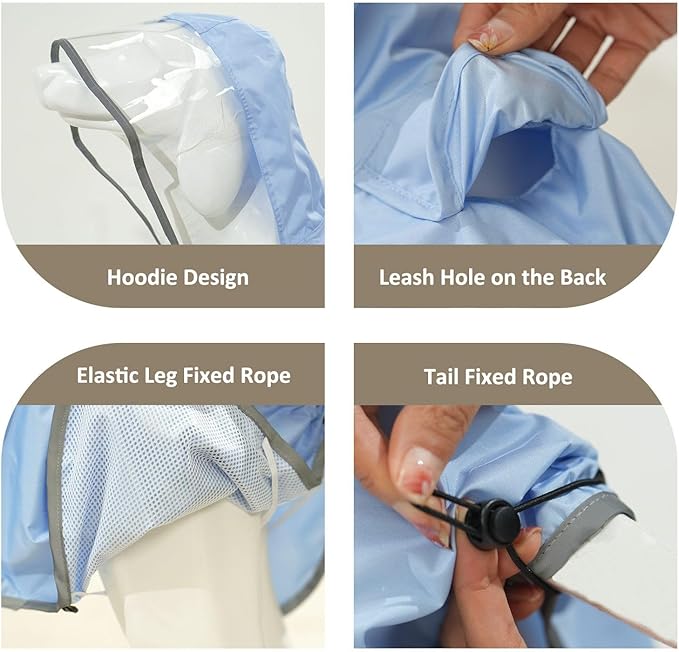 MAMORE Dog Raincoat Waterproof, Lightweight Adjustable Dog Rain Coat Hooded Poncho with Reflective Strip for Large Medium Small Dogs (Light Blue, Medium)