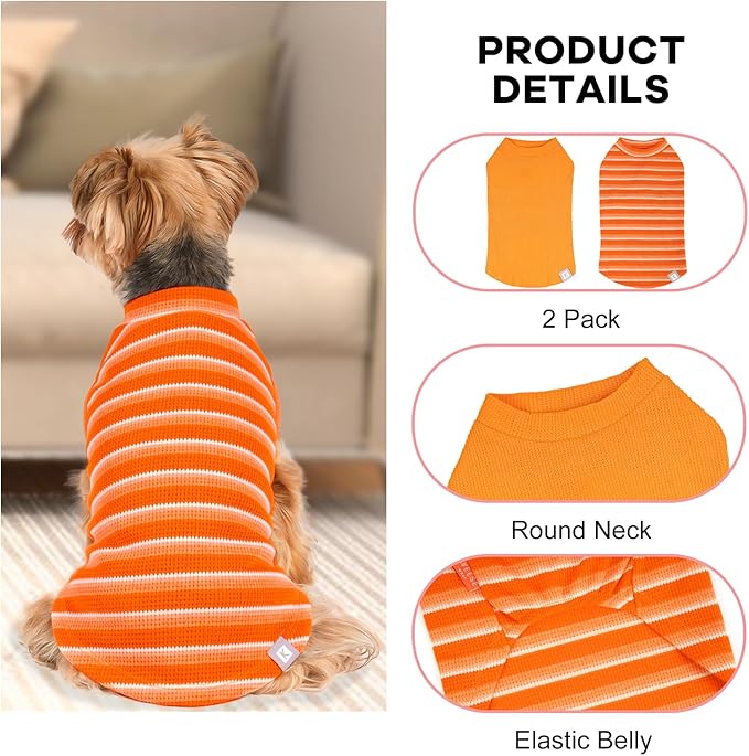 KYEESE 2Pack Waffle Dog Shirts for Small Dogs Stretchy T-Shirts Lightweight Tank Top Sleeveless Striped Shirt Vest Breathable Cat Shirt, Large, Orange+Striped