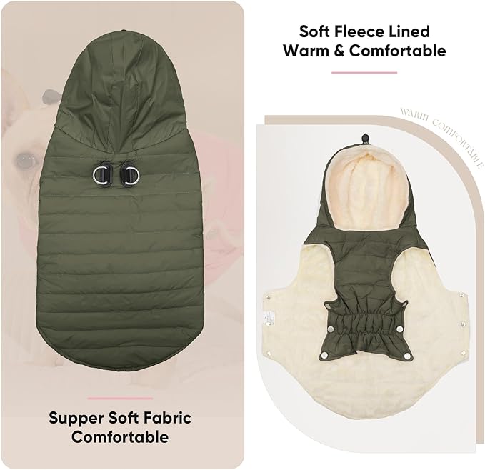Fleece Lining Dog Hoodie with Harness Built in,Extra Warm Medium Dog Jacket in Winter Doggie Coats with Drawstring Hooded,Green XL
