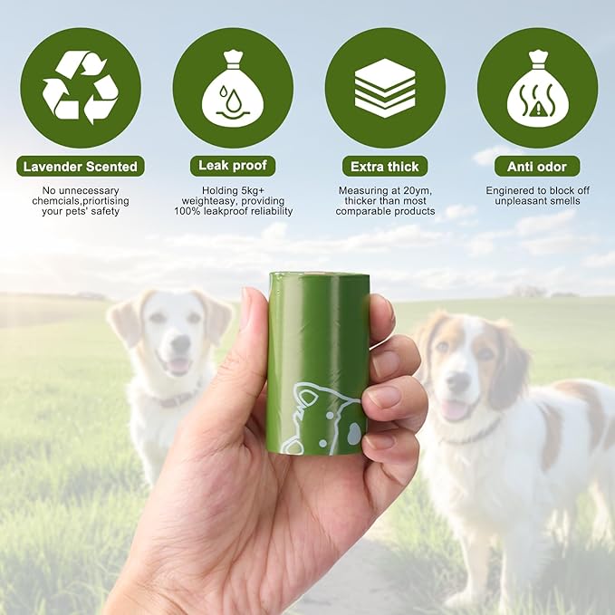 Poop Bags for Dogs - Leak Proof Waste Bags 160 Count Lavender scented Green Refill Rolls with Dispenser