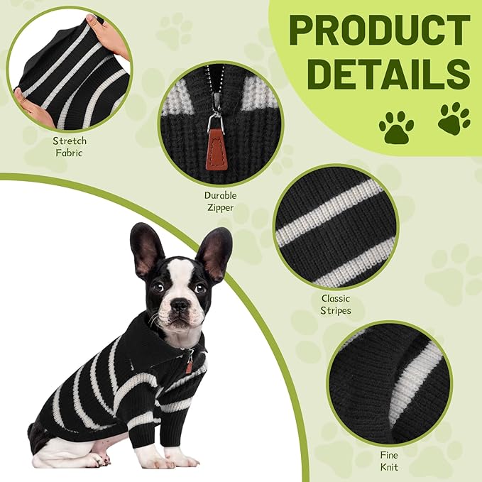 Small Dog Sweater with Zipper, Knitted Striped Pullover Dog Clothes for Cold Weather, Thick Warm Cozy Stretchy Sweater for Chihuahua, Bulldog, Dachshund, Pug(Black & White Strip, XL)