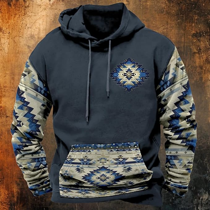 HOTYD Mens Western Aztec Sweatshirts Long Sleeve Fall Fashion Drawstring Pullover Vintage Graphic Cowboy Hoodie for Men