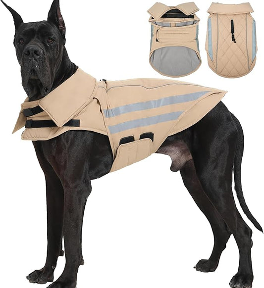 Winter Dog Coat Waterproof Reflective Dog Jacket for Extra Large Dogs with Harness Hook & Loop Turtleneck Fleece Snowsiut for Dogs Great Dane, Khaki 5XL
