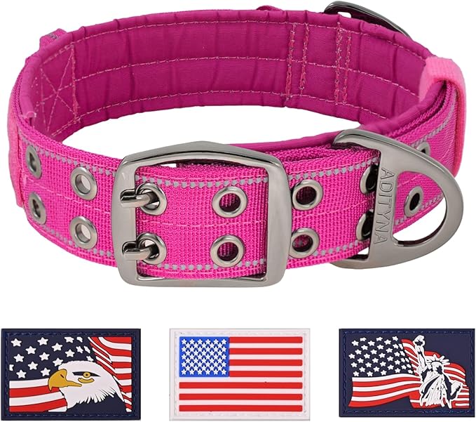 ADITYNA Heavy Duty Dog Collar for Large Dogs - Reflective Magenta Collar with Handle for Training, and Walking - Wide, Thick, Tactical, Soft Neoprene Padded