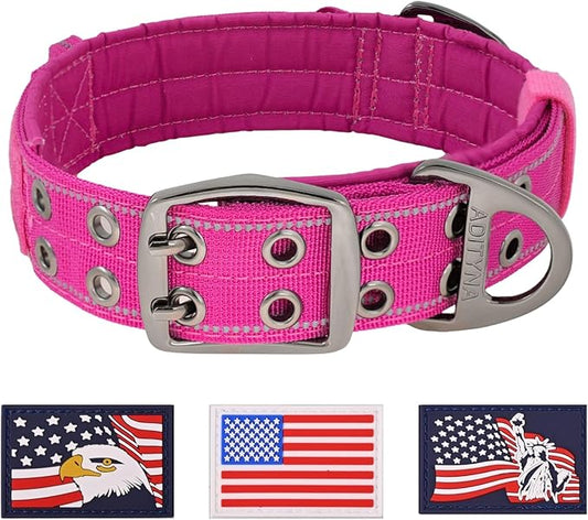 ADITYNA Heavy Duty Dog Collar for Large Dogs - Reflective Magenta Collar with Handle for Training, and Walking - Wide, Thick, Tactical, Soft Neoprene Padded