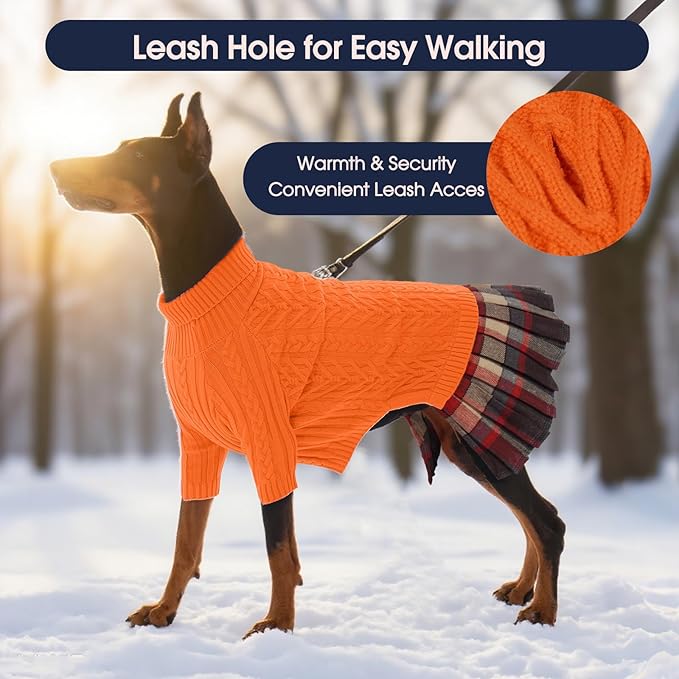 IECOii Girl XXXL Dog Sweater Dress, Girl Dog Sweaters for Extra Large Dogs Turleneck, Orange, XXXLarge, Thermal Warm Knitwear with Leash Hole, Adorable Cable Knit Sweater for Christmas & Thanksgiving