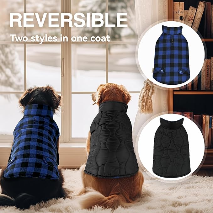 VIVAGLORY Softjoy Dog Coat, Dog Jacket for Winter & Christmas, Coat with Harness Hole & Velcro Closure, Reversible Plaid Checkered Warm Fluffy Heavy Duty for Puppy, XS, Sapphire Blue Plaid