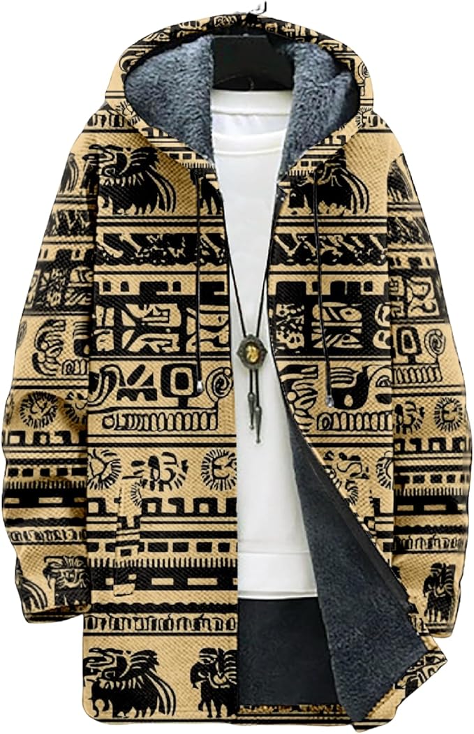 Mens Aztec Print Hoodie Heavyweight Cotton Fleece Jacket Zip Up Warm Long Sleeve Hooded Winter Midi Coat