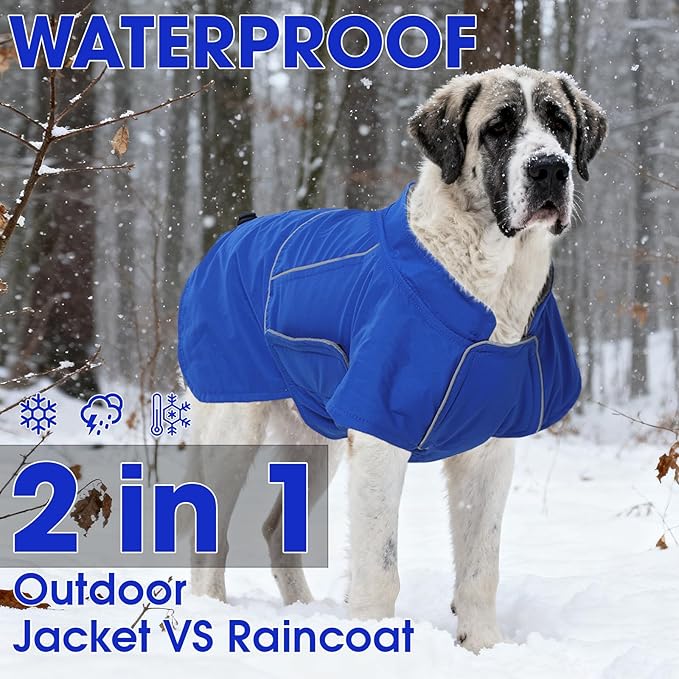 ROZKITCH Dog Snowsuit Raincoat Jacket, Waterproof Rain Jacket with Fleece Liner and Leash Hole Reflective Strip for Medium Large Dog, Adjustable Poncho Vest for Outdoor Hiking Travel Blue XL