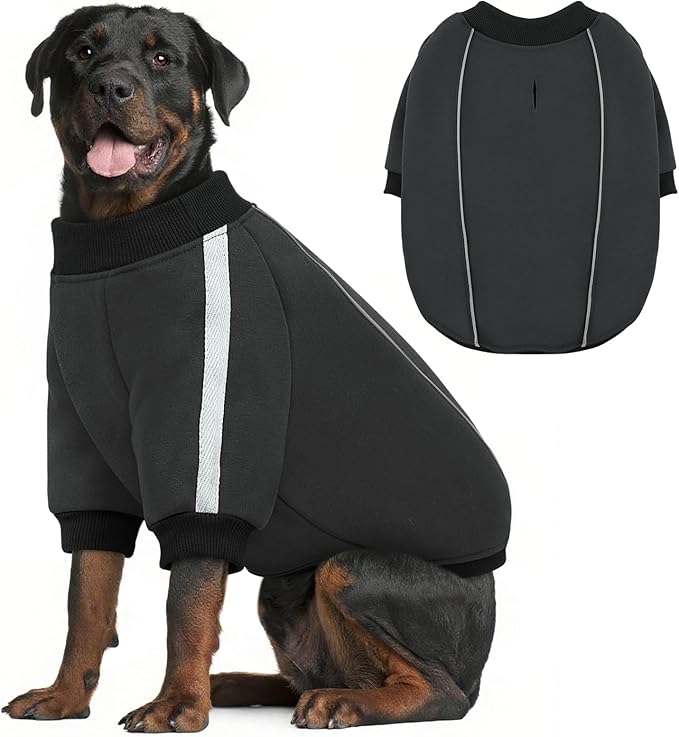 Queenmore Fleece Dog Sweater for Male Dogs, Soft Pullover Dog Sweatshirt with Leash Hole/Reflective Stripes – Cozy Winter Fleece Jacket for Small Medium Large Boy Puppy, Grey XL