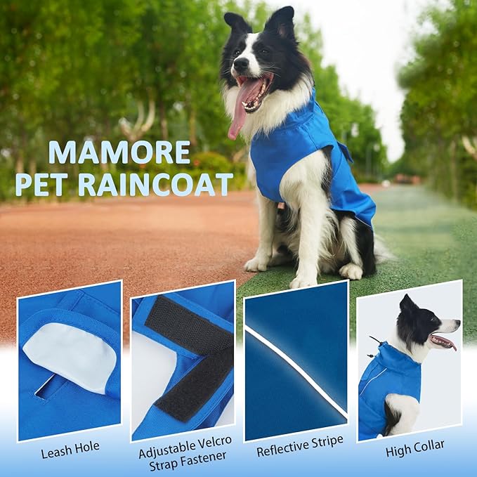 Waterproof Dog Raincoat, Adjustable Lightweight Dog Rain Jacket with Reflective Strip Leash Hole for Small Medium Large Dogs (Blue, XX-Large(55-77lb))