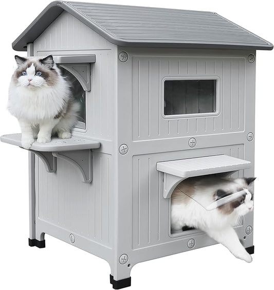 Rockever Plastic Insulated Outdoor Cat House with Escape Door, 2 Story Waterproof Cat House for Outdoor Cats for Feral Cats, Elevated Outside Cat Shelter, Clean and Assemble Easily