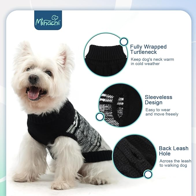 Mihachi Soft Warm Dog Sweater, Cold Weather Turtleneck Knitted Pullover Dog Clothes Costume with Leash Hole for Cats & Puppies, Black S