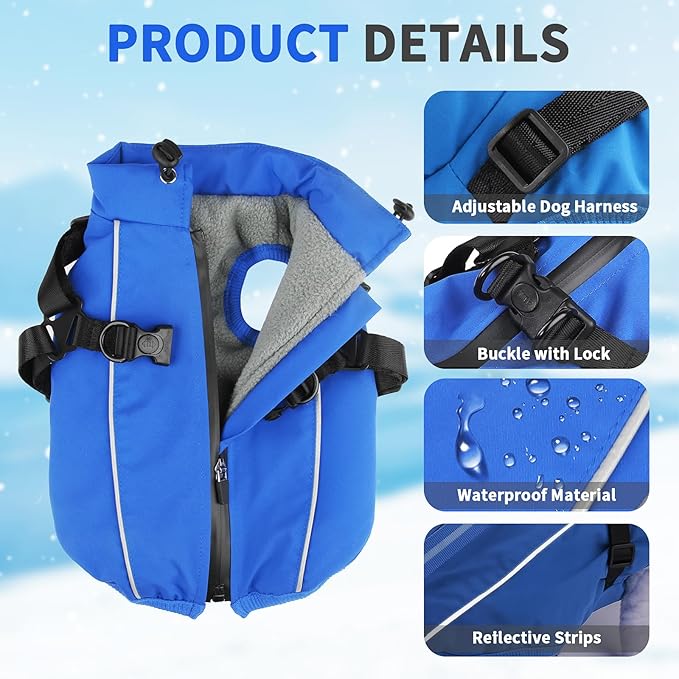Dog Winter Coat Reflective Water-Resistant Jacket, Fleece Lined Windproof Puppy Coat with Back Zipper & D-Ring, Cold Weather Dog Coats for Small Medium Large Dogs (M,Blue)
