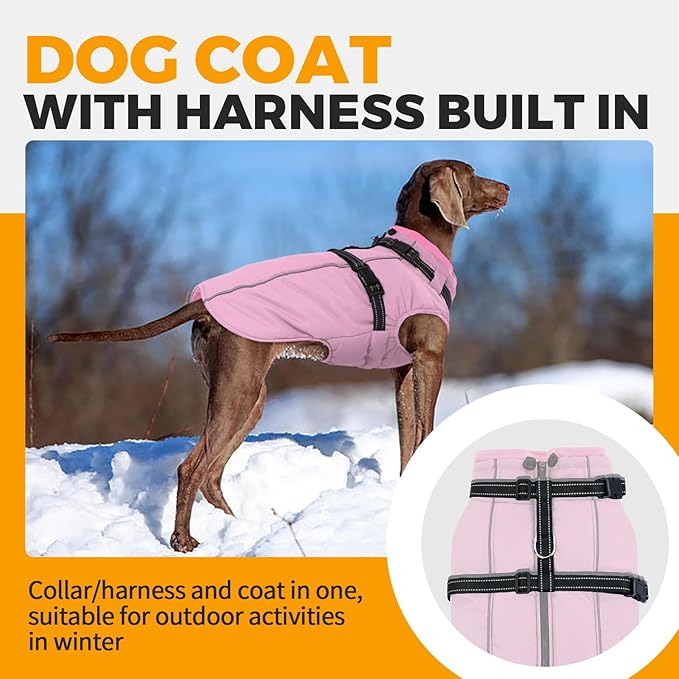 Lelepet Warm Dog Winter Coat Waterproof Dog Jacket with Harness Built in Windproof Reflective Fleece Jacket, Dogs Coats for Lage Dogs, Cozy Thermal Pet Snowsuit for Outdoor, French Bulldogs, Pink, L